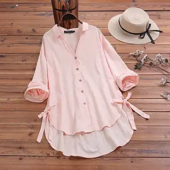 

Fashion Spring Long Sleeve Blouse Women V Neck Buttons Down Shirt Casual Split Hem Blusas Chemise Femme Robe Cotton Linen Tops