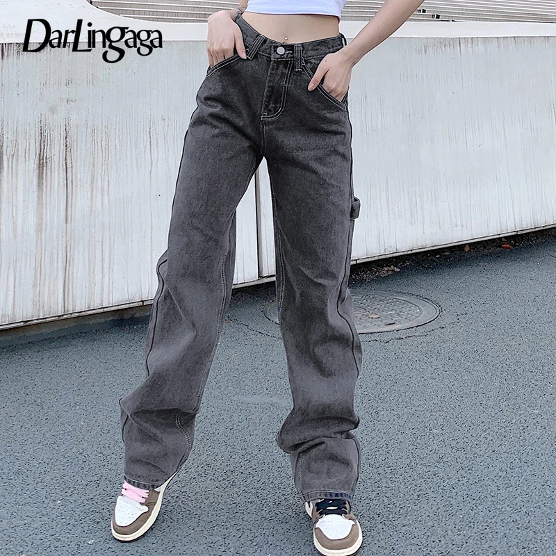 Darlingaga Streetwear Straight Cotton Solid Denim Pants Ribbon Jeans ...