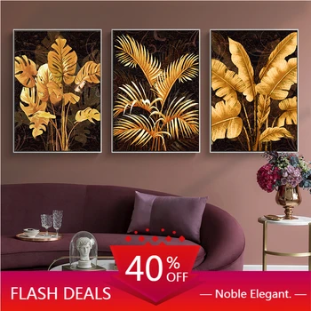 

Canvas Painting Abstract Retro Gold Plant Leaf Poster Banana Palm Monstera Nordic Wall Art Picture Print Living Room Decoration