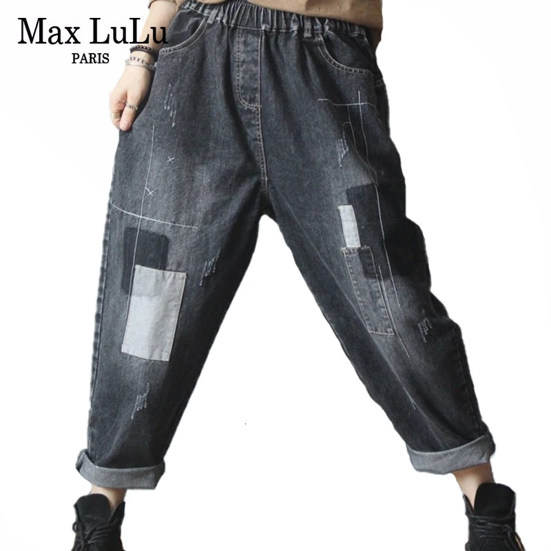 Max LuLu зимние корейские Брендовые женские винтажные лоскутные джинсы женские черные эластичные шаровары модные теплые меховые джинсовые брюки
