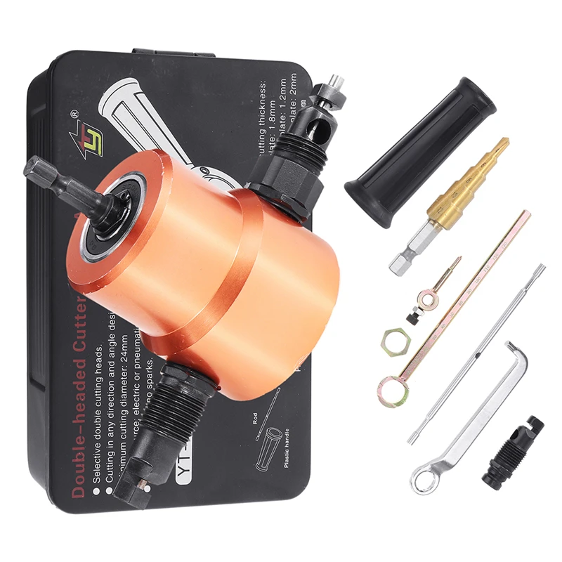 

7Pcs Upgrade 360 Degree Double Head Metal Sheet Nibbler Cutter Electric Drill Attachment with Step Drill Cutting Accessories Set
