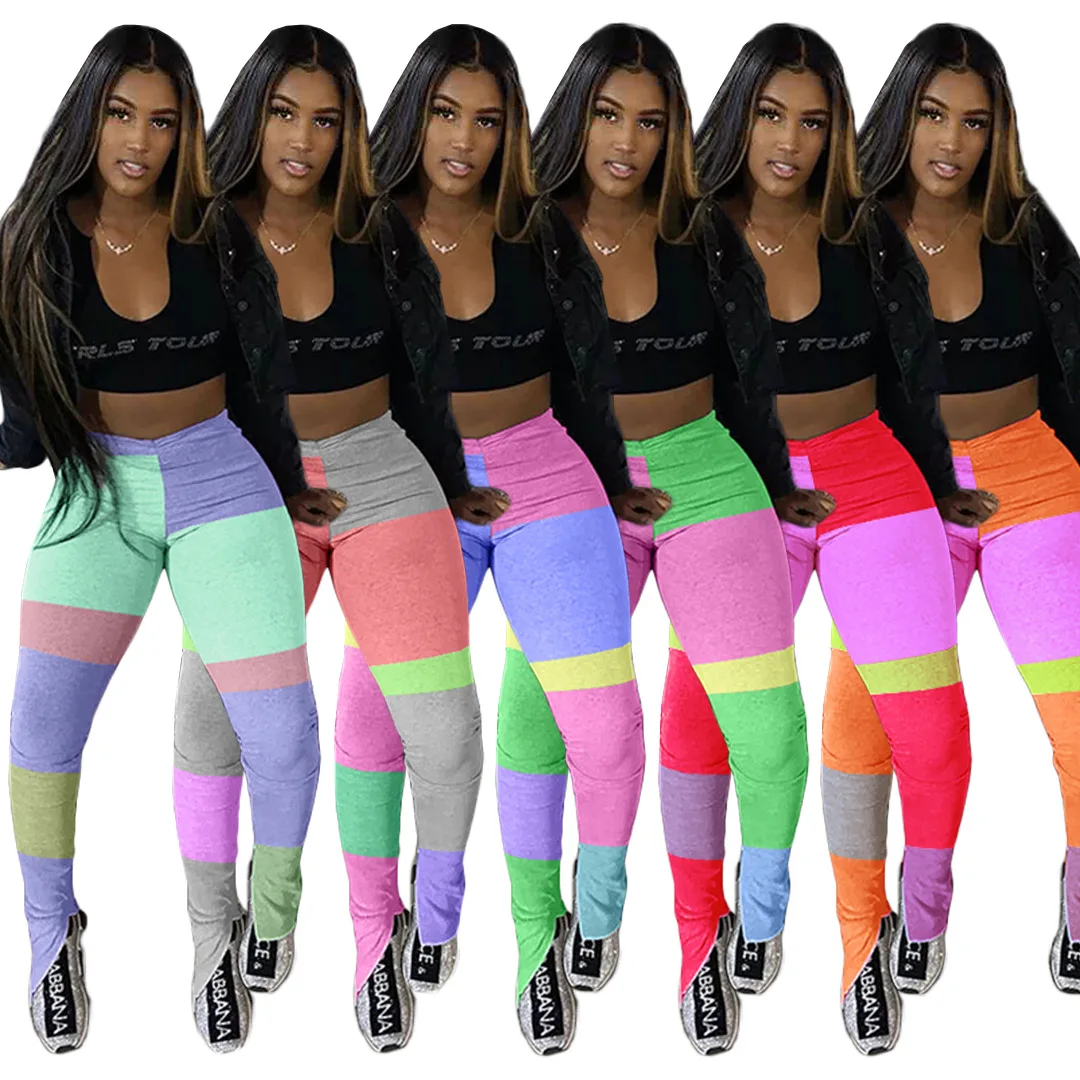 

2020 Summer Women Trousers Hot Style Model Solid-color Patchwork Color Block High Waist Split Trousers European and American