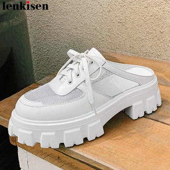 

Lenkisen 2020 european style air mash breathable round toe thick high heels lace on preppy style daily wear young lady pumps L13