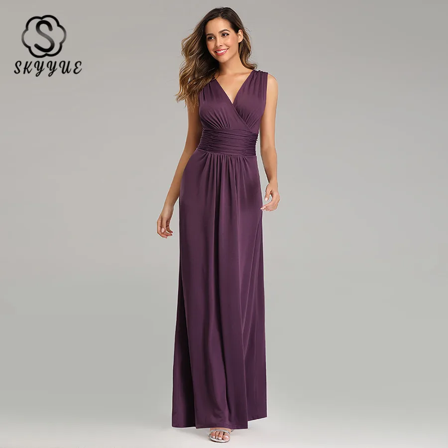 

Skyyue Evening Dresses Long Solid A-line Evening Gown 2019 Sleeveless Robe De Soiree V-neck Zipper Elegant Formal Dress LT003