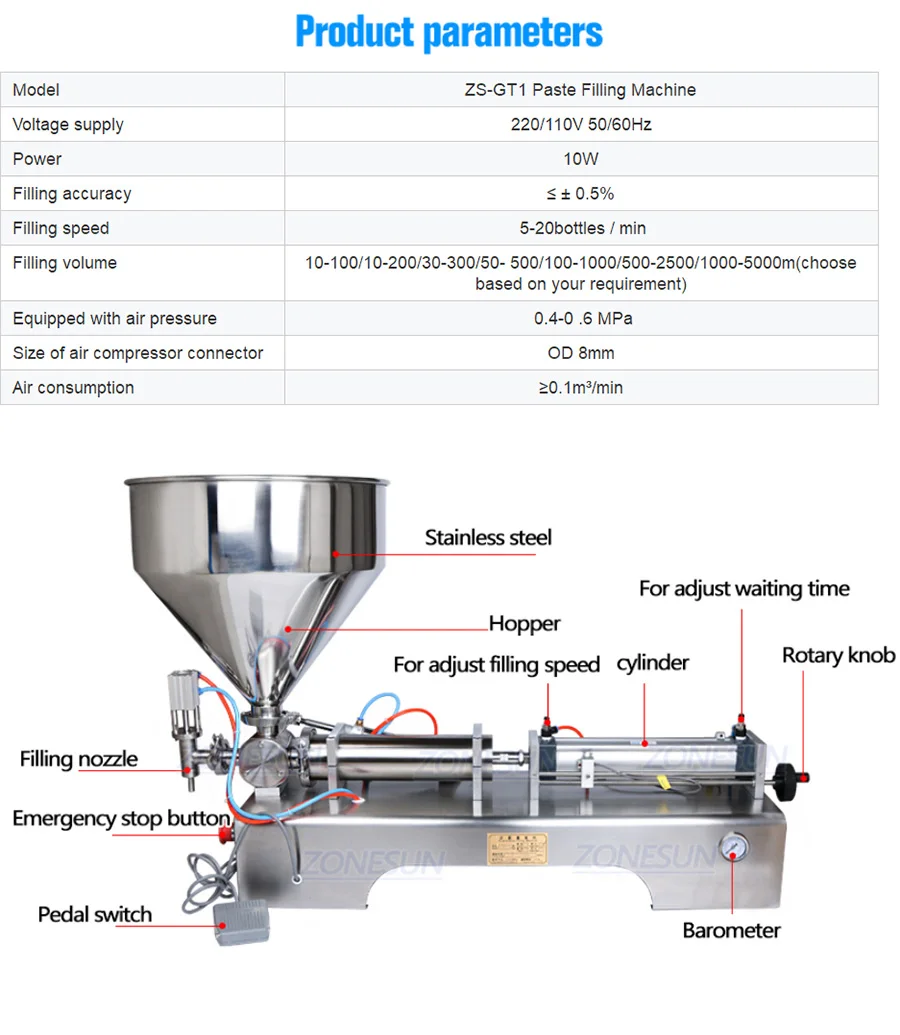 ZONESUN ZS-GT1 Single Nozzle Pneumatic Paste & Viscous Liquid Filling Machine