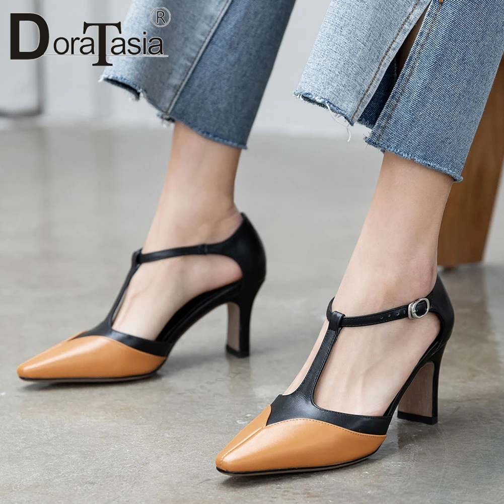 

DORATASIA Ladies Elegant mixed-color t-strap Sandals High Heels Ol Sandals Women Summer Genuine Leather Shoes Woman