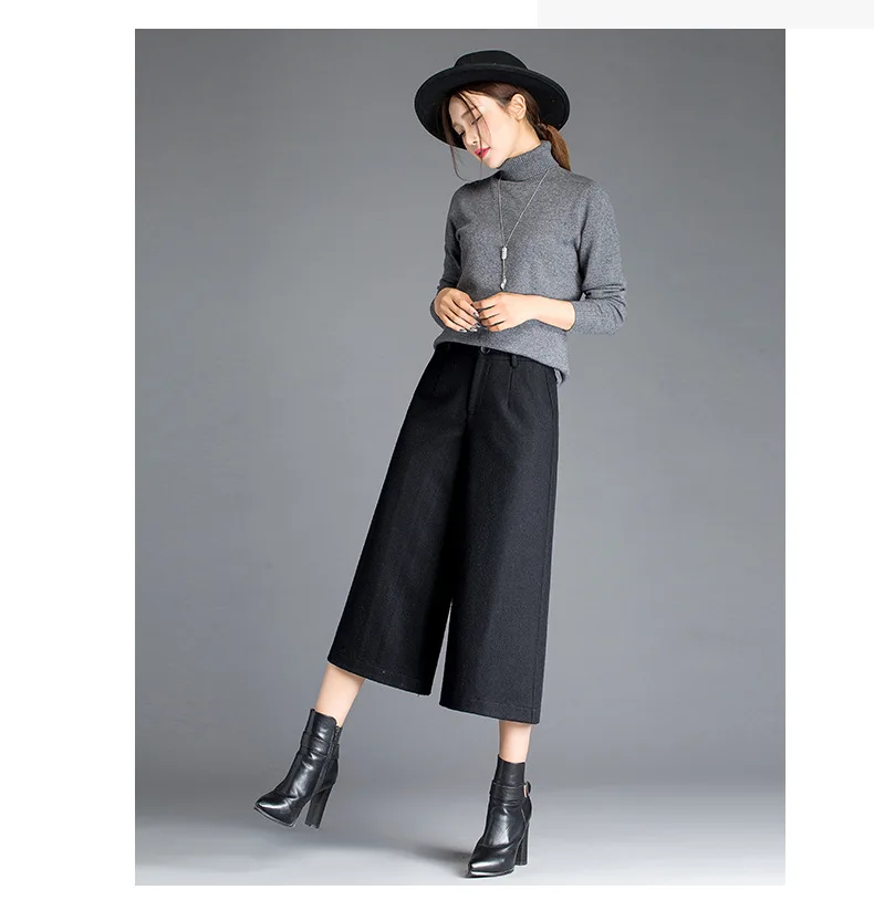 Новые осенние и зимние женские брюки с высокой талией, шерстяные широкие брюки размера плюс, женские брюки-кюлоты, шерстяные брюки