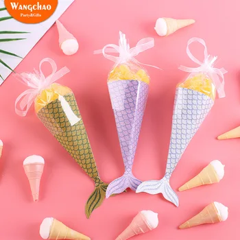 

20pc/lot Creative Ice Cream Mermaid Candy Box with Glitter Paper Silk Ribbon Wedding Party Candy Bag DIY Party Supplies