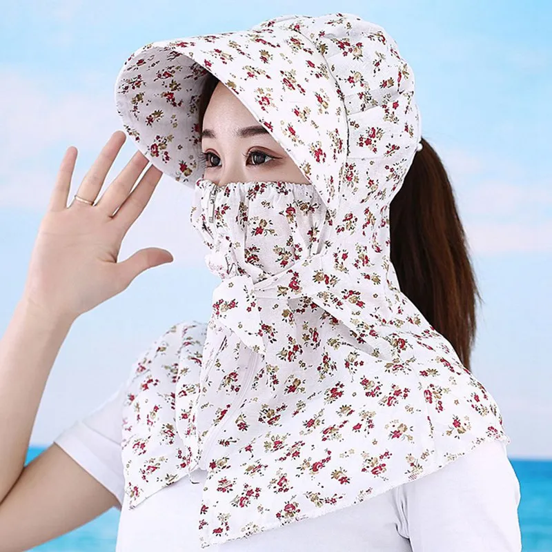 

2020 Summer Fashion Women Printed Sun Hat Anti-UV Sun Protection Cover Face Big Brim Lace Up Outdoor Cycling Adult Unisex Hat
