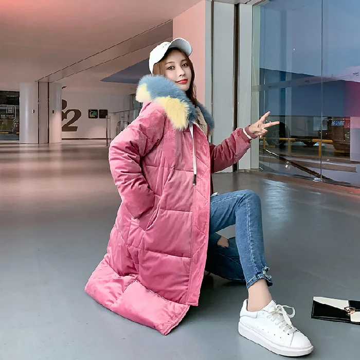 

Photo Shoot 2019 New Style Autumn & Winter Down Jacket Women's Korean-style Mid-length Loose-Fit down Coat Gold Velvet Cotton Ov