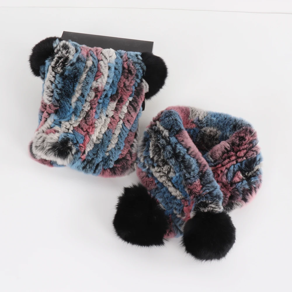 Winter Children Real Rex Rabbit Fur Scarf Hat Sets Knit Warm Child Natural Fur Scarves Hats Good Elastic Kid Real Caps