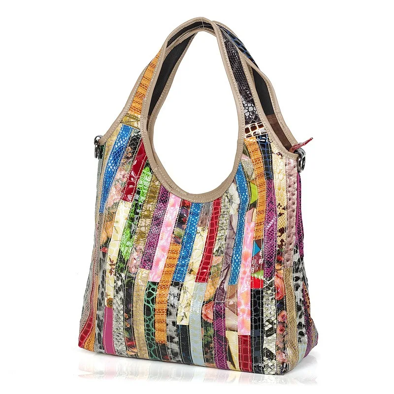 

New Style Genuine Leather Cowhide she wen bao Multi-color Stripe Casual Trendy Bag Lady Bag Shoulder