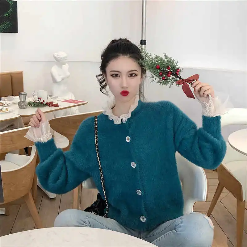 WHITNEY WANG Autumn Winter Fashion Streetwear Diamonds Buttons Mohair Cardigan Women Sweater Jumper sueter mujer invierno