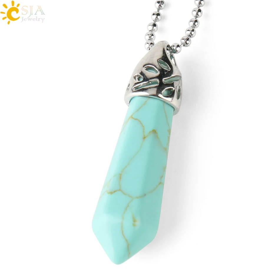 Turquoise CSJA натуральный драгоценный камень шестигранная колонна кулон лечебный Кристал, кварц ожерелья из оникса Подвеска для женщин мужчин модные ювелирные изделия G301 - Окраска металла: Turquoise