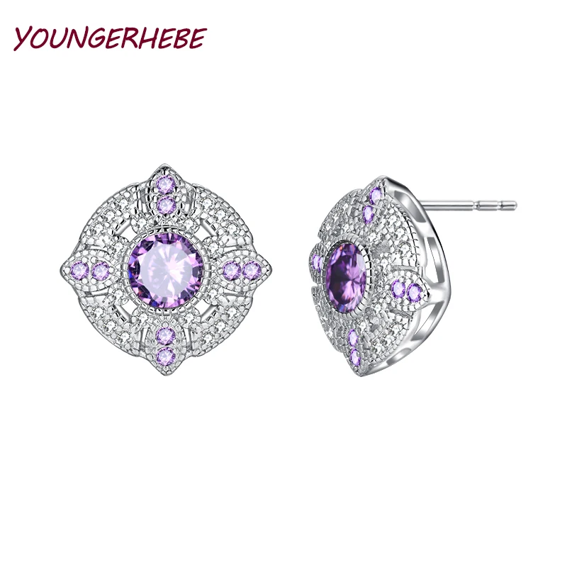 

YOUNGERHEBE Silver Errings Women Accessories Purple Main Stone Cubic Zircon Earrings Fashion Statement Jewelry Wholesale