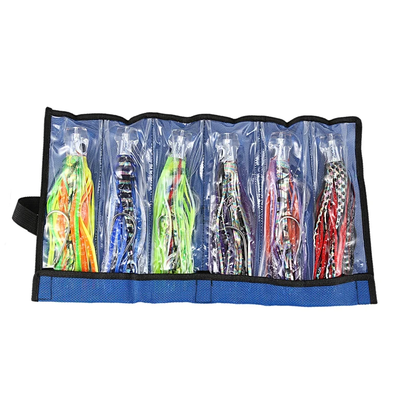 6Pcs 9 Inch 23cm Marlin Tuna Trolling Lures with Mesh Bag Resin Head Trolling Skirts Lure Big Game Trolling Fishing Bait Pesca I
