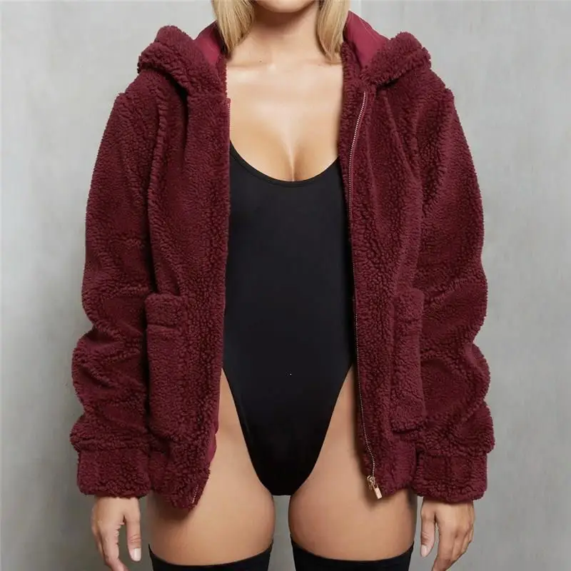 Winter Plus Size Warm Zipper Teddy Coat V-Neck Fluffy Pockets Faux Fur Coat Fake Fleece Thick Acket