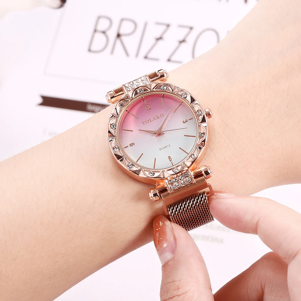 YOLAKO модные женские часы с магнитной пряжкой красочные кварцевые наручные часы Роскошные блестящие женские часы со стразами relogio feminino