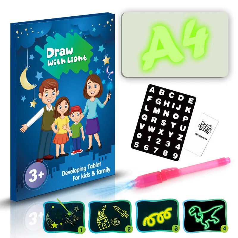 QWZ 2 в 1 доска для рисования волшебная доска для рисования набор обучающая доска для рисования с ночным светильник в темноте веселые детские игрушки подарки для детей - Цвет: A4 English