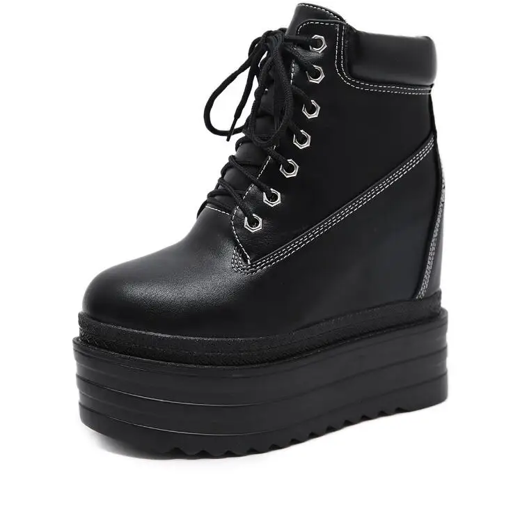 13CM super high heel wedge shorts sponge cake black front tie bare boots female