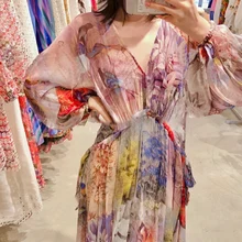 New 2021 Famous Deep V Neck Floral summer Dress Drawstring Perspective silk chiffon Dresses Plus Size