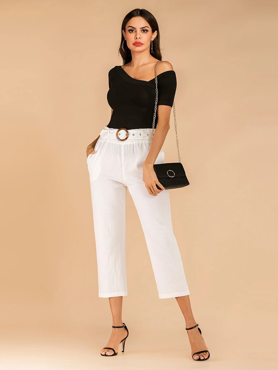Benuynffy/модные белые Капри с карманами; женские летние повседневные брюки из органической кожи с высокой талией; женские брюки длиной до икры с поясом