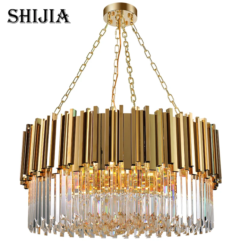 

New Modern Crystal Lamp Chandelier For Living Room Luxury Gold Round Stainless Steel Chain Chandeliers LED Lighting