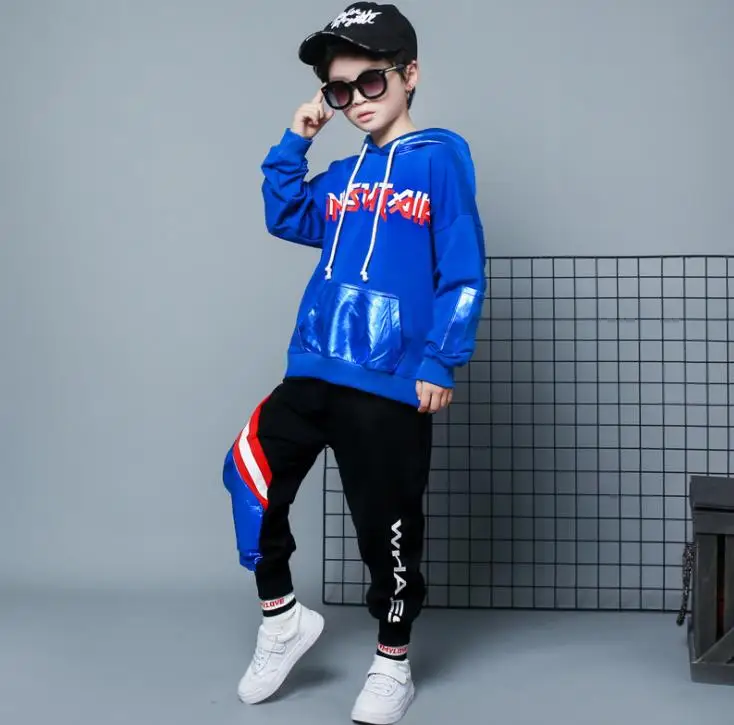 blue sets Модные комплекты одежды для мальчиков и девочек осенние повседневные Детские костюмы толстовки и штаны спортивные костюмы из 2 предметов для 8, 9, 10, 11, 12 лет - Цвет: blue sets