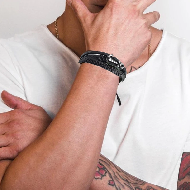 Fashion Charm Cross Men Bracelet Multilayer Leather Bracelet Punk Jewelry Stainless Steel Magnetic Clasp Bangles Boho bracelet jewelry