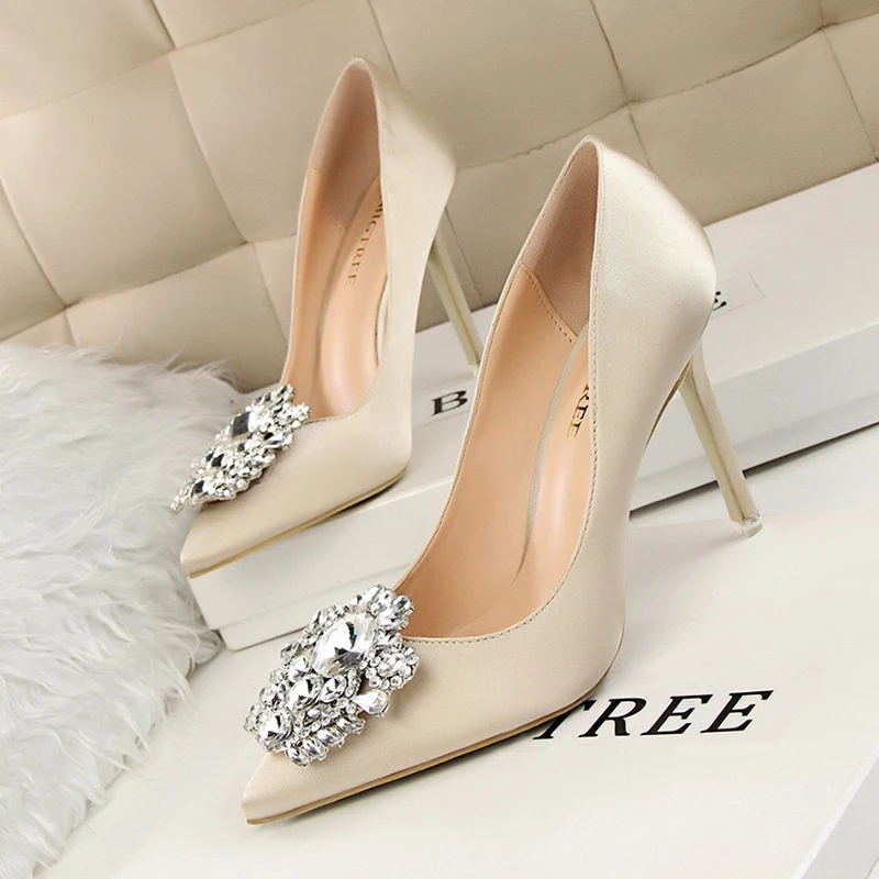 Women Shoes with Thin High Heels  Heelssexy and Thin with Shallow Pointed Pointed Shiny Rhinestone Buckle Shoes Women Heels