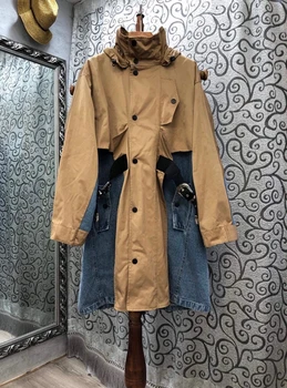 

2020 Autumn and Winter new women's neckline hooded stitching stand collar color matching denim long sleeve windbreaker 922