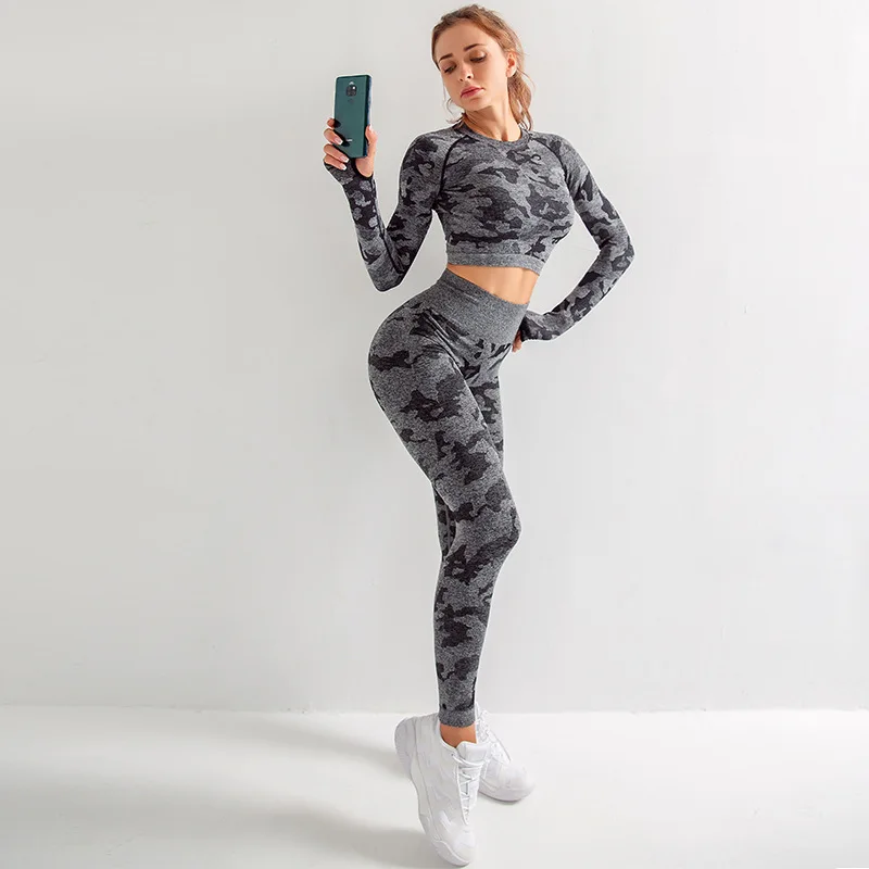 2 шт., камуфляжный бесшовный комплект для йоги, Спортивная женская одежда для фитнеса, леггинсы для спортзала+ укороченный топ с длинным рукавом, спортивный костюм, одежда для тренировок