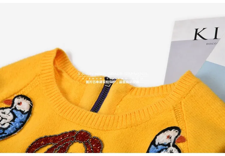 Women Embroidery Yellow Sweater Bird Floral Embroidered Beading Bowknot O-neck Pullovers High Quality Autumn Winter Knit Sweater