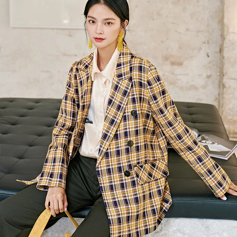 

S8380 Europe And America Fashion Origional Ol Commuting Tops Non-mainstream Yellow Grid White Young Elegant Suit Jacket Women's