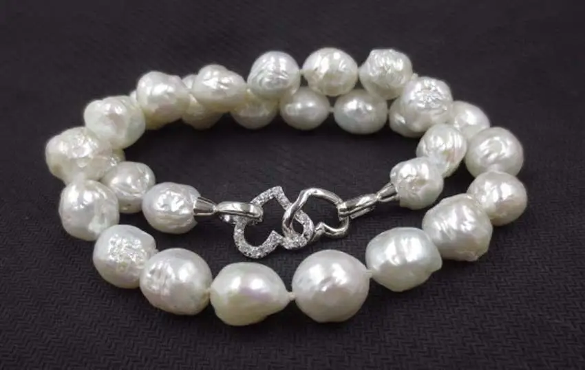 baroque white 11-12.5mm FURROW Kasumi pearl necklace Double heart clasp S487