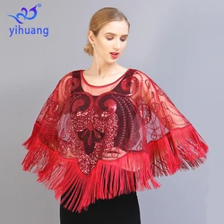 Women Dress Accessory Shawl Sequin Tassel 1920s Deco Evening Party Cape Flapper Cover Up Short Sleeve Blouses