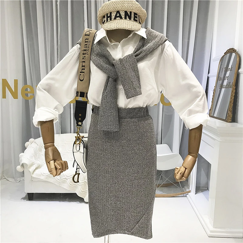 

Casual Women Sets Clothes Patchwork White Blouse+pencil Skirts Two Piece Set Top and Skirt Designer Fashionable Clothing