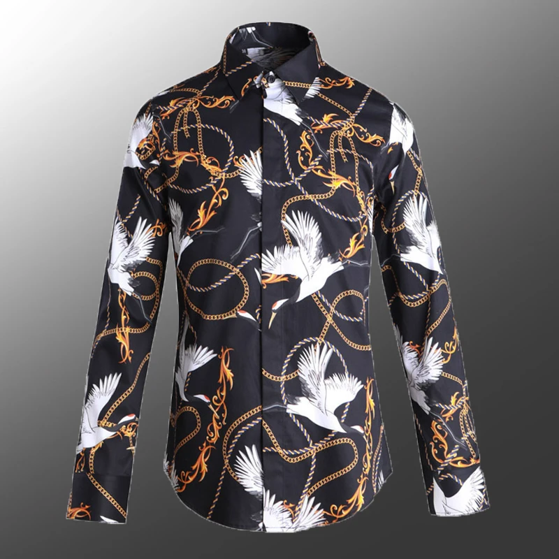 

Black Luxury Crane And Chain All Printed Long Sleeve Mens Dress Shirts Plus Size 4xl Slim Fit Party Man Shirt