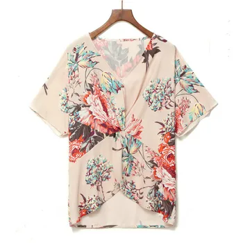 

Women Autumn T-shirt 2019 V Neck Middle Chest Kink Printing Chiffon Shirt Woman