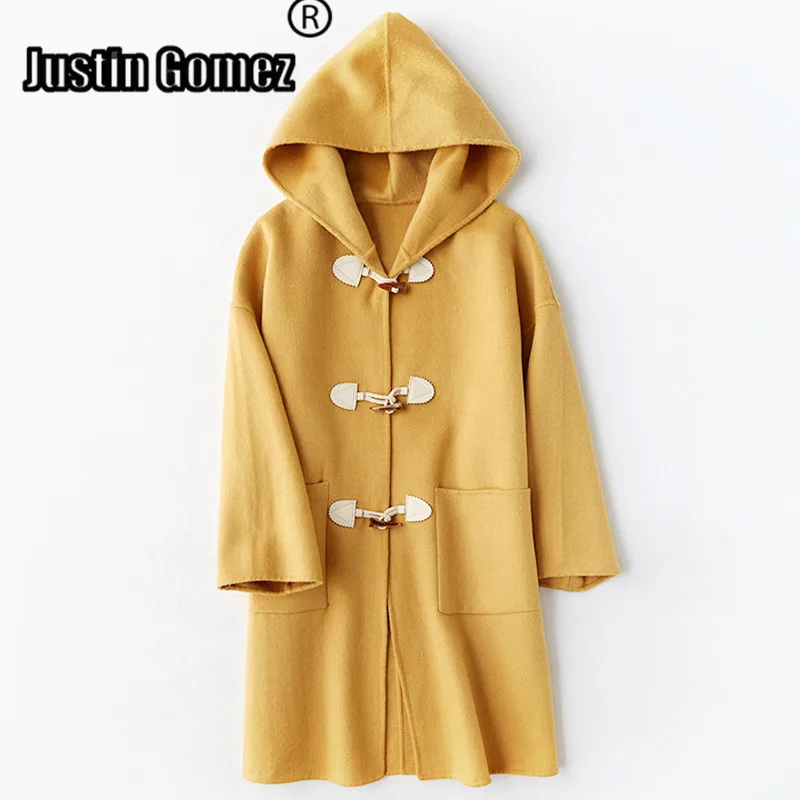 

Double-faced Pockets Wool Long Coat With Hood Autumn Basic Elegant Overcoat Young Student College Type Female Winter Coat
