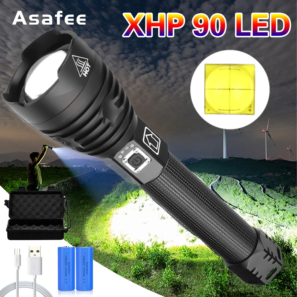 

Asafee XHP90 LED Flashlight Lamp Powerful Zoom Torch 26650 USB Rechargeable Tactical Light Outdoor Camping Hunting Lamp