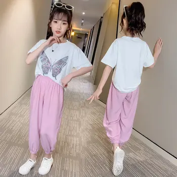 

Teens Fashion Clothes Set Butterfly Top + Pink Pants Two-Piece Suit Children Baby Girl Clothes Set Summer Cool Clothes for Teens