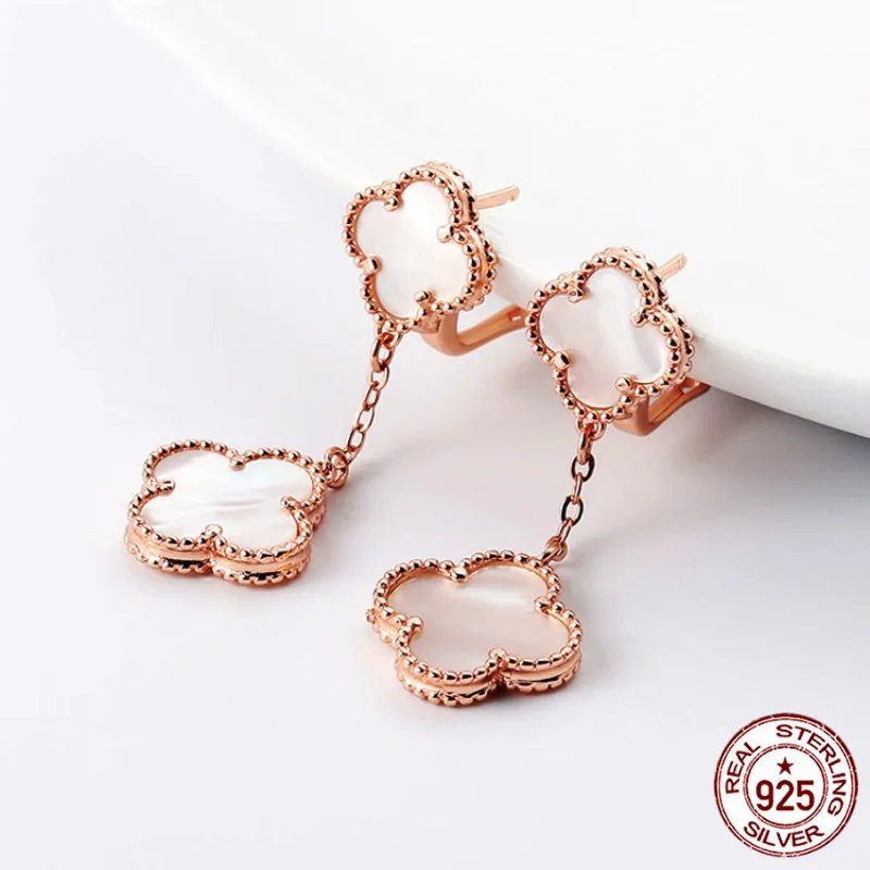 

S925 pure silver earrings new double flower four-leaf clover style temperament fashion style to send a lover's birthday gift