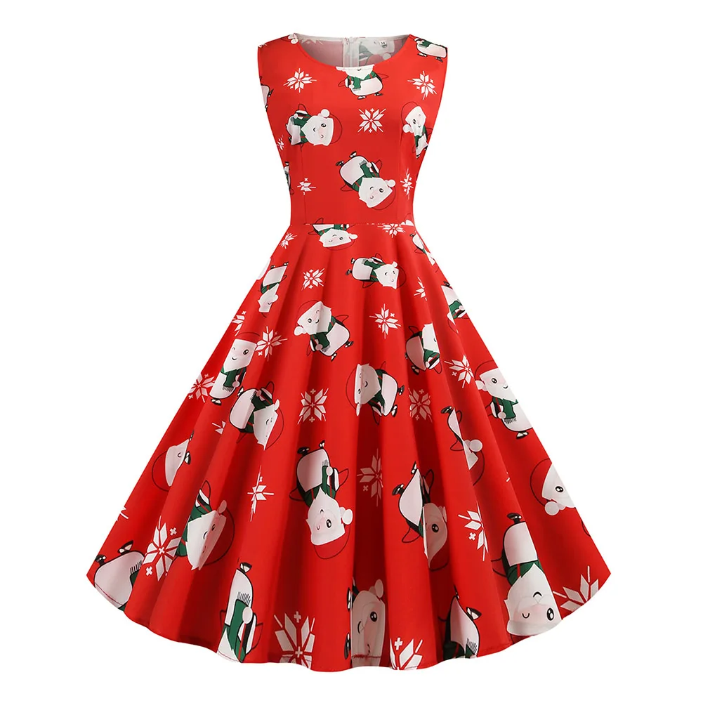 

Bikitique Commuter Cartoon Print Christmas Dress Women Vintage Elegant Zip Party Dress Casual Round Neck Halter Winter Dress