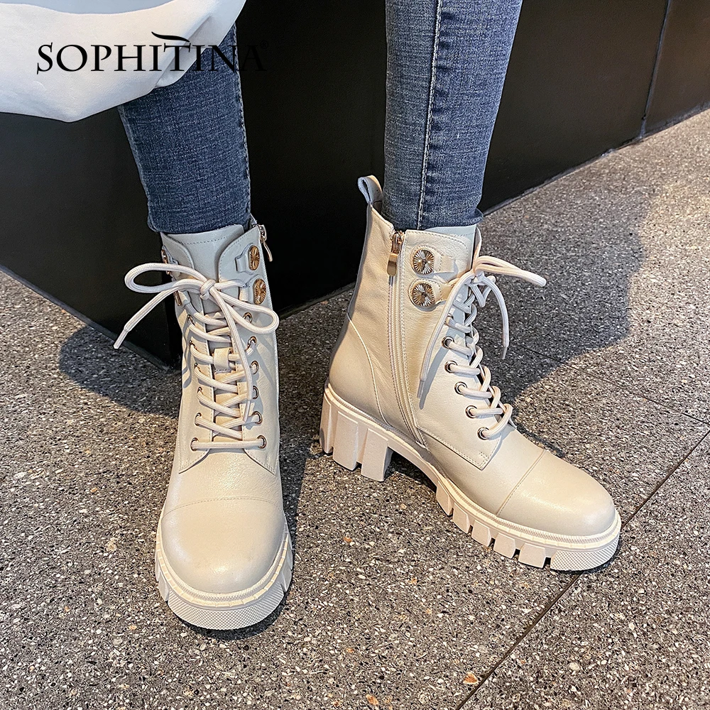 SOPHITINA New Casual Women Shoes Non-slip Round Toe High Quality Genuine Leather Lace-up Ankle Boots Warm Winter MO654 | Обувь