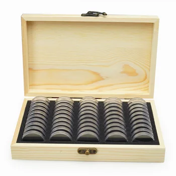 

25/27/30mm 50PCS Round Coin Collection Boxes With Wooden Box DIY Commemorative Coins Storage Box