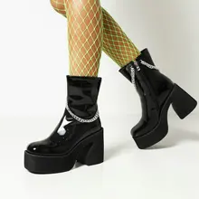 

2021 Fashion Patent Pu Leather Women Boots Chain Platform Squae High Heel Anke Boots Autumn Winter Zipper Woman's Boots Shoes