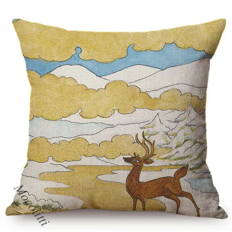 Impressionism Oil Painting Golden Riverside Forest Scenery Pattern Sofa Throw Pillows Sika Deer Rabbit Decorative Cushion Cover M189-1