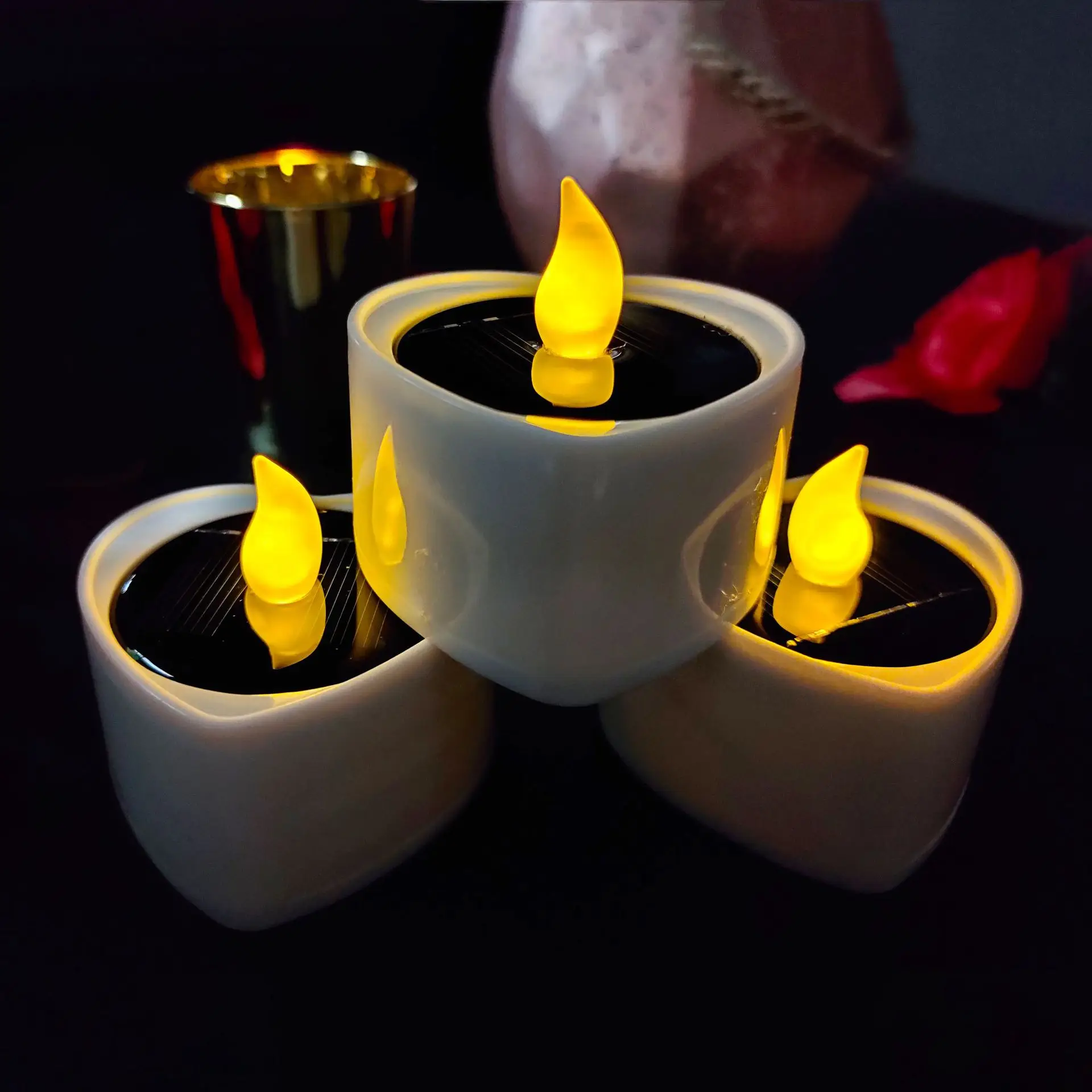

3X Solar Sensor LED Tea Light Heart shaped Electric Candle Light 300mAh Flameless Flickering Bar Night Light For Wedding Propose