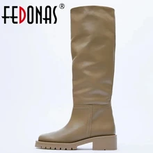 FEDONAS – bottes de moto en cuir véritable pour femme, à talons hauts, Punk, Slim, longues chaussures, automne hiver, 2022